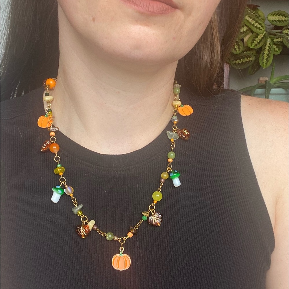 Pumpkin Patch Beaded Charm Necklace Fall Jewelry Mushroom Leaves Leaf Pendant - Picture 5 of 7